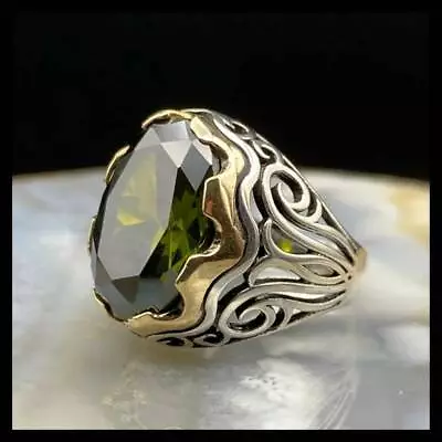 Turkish Handmade Jewelry 925 Sterling Silver Peridot Stone Men Rings  • £55.69