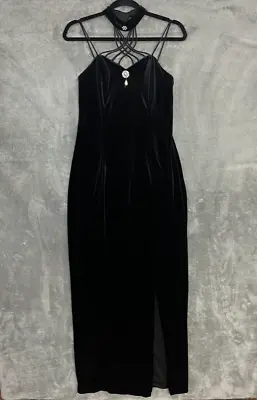 VTG Black Velvet Long Maxi Dress Gown Strappy Pearl Drop Rhinestone Choker Sz M • $75