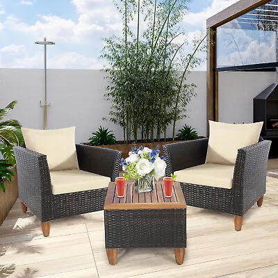 3 PCS Outdoor Patio Rattan Bistro Furniture Set Wooden Table Top Cushioned Sofa • $216.95