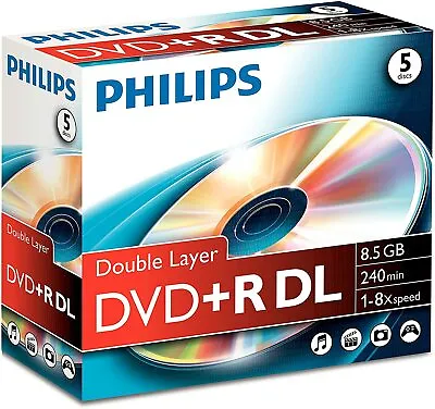 £8.99 • Buy 5 Philips DVD+R DUAL LAYER In Jewel Cases Recordable DVD Discs 240 Mins 8.5GB