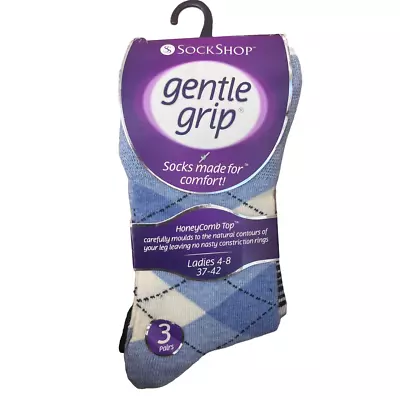 £6.49 • Buy 3 Pairs Womens Blue Cream Argyle Gentle Grip Honey-Comb Non Elastic Socks 4-8