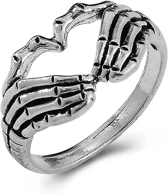 Punk Skull Hand Ring Gothic Love Heart Gesture Skeleton Hand Ring For Rock Bike • $10.99