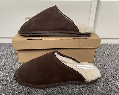 WoolOvers Mens Suede & Sheepskin Mule Slippers Chocolate Brown / Neutral. UK 11 • £38