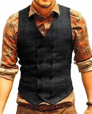 Mens Tweed Vest Double-Breasted Western Cowboy Wool Casual Vests M Large XL XXL • $25.19