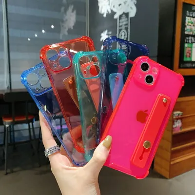For IPhone 11 13 12 14 Pro Max XR Clear Colorful Silicone Case Wrist Strap Cover • £6.35