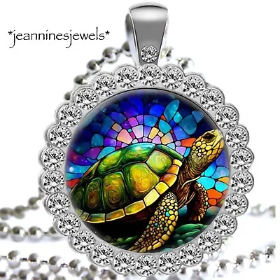Sea Turtle Austrian Crystal Necklace FAUX Stained Glass ART PRINT Silver Pendant • $24.99
