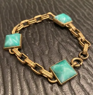 Antique/Vintage Czech Glass Bracelet Brass Chain Art Deco Green Costume Jewelry • $46.99