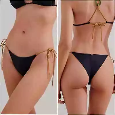 Vix Paula Hermanny NEW Solid Side Tie Rope Bikini Cheeky Black Sexy Bottoms • $50.88