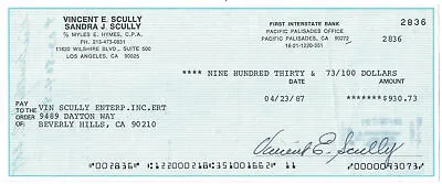 Vin Scully Signed 4/23/1987 First Interstate Bank Check 38911 • $399.99