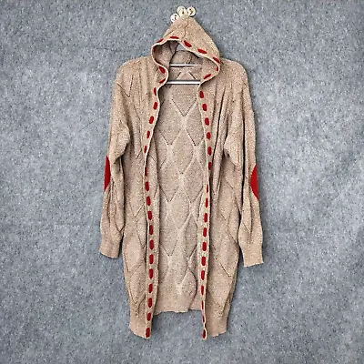 Zara Cardigan Small Argyle Crochet Notched Knit Elbow Patch Hooded Long Brown • $18.02