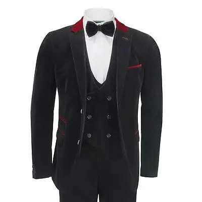 Mens Black Velvet 3 Piece Suit Tailored Wedding Grooms Jacket Waistcoat Trousers • £199.99