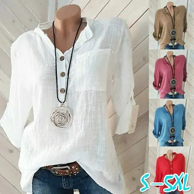 Womens Tunic Cotton Linen Pullover Blouse Tops Ladies Summer Long Sleeve T-Shirt • £9.99