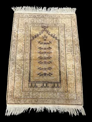 Hand-Knotted Vintage Yellow Silk Turkish Kayseri Prayer Rug 3' X 4'3 • $320
