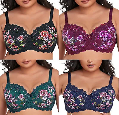 UK Size Sexy Lace Floral Bra Padded Push Up Underwired Bra Firm Hold 34-42 CDEF • £8.99