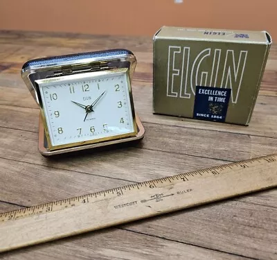 Vintage Elgin Wind Up Travel Alarm Clock & Case W/ Glow Hands PRISTINE ☆GERMANY • $28