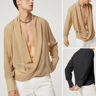 Mens Long Sleeve Deep V Neck Mesh See Through Blouse Hippie Sexy Party Tee Tops • $21.84