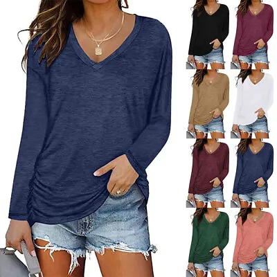 Women Long Sleeve Casual Loose Basic Tee Shirts Blouse Summer Plain Tops T-Shirt • £11.95