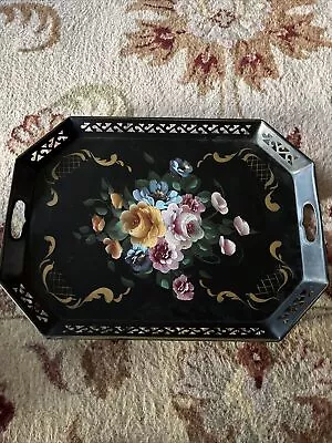 Vintage Hand Painted Toleware Tray 16x22” Cut Out Handles & Border Gold Accent • $25