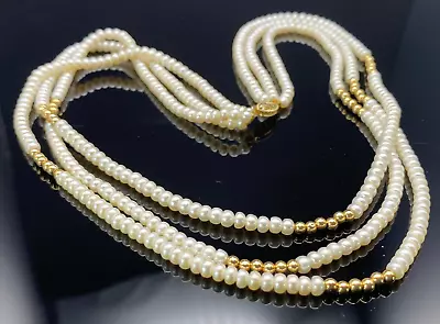 18k Yellow Gold Beads With Akoya Natural Saltwater Pearls 3 Strand 18  Necklace • $315