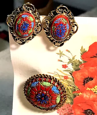 VINTAGE 1950s PIN And EARRINGS Set Red GLASS Hand Painted Blue Green GERMAN Made • $9.95
