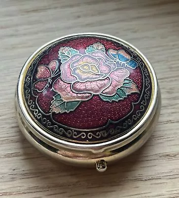 Vintage Cloisonne Red Enamel Gold Tone Pill Trinket Box Butterfly Roses • $12