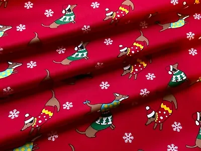 Christmas Sausage Dog Dachshund Fabric 100% Cotton Material  Animal Novelty  • £3.80
