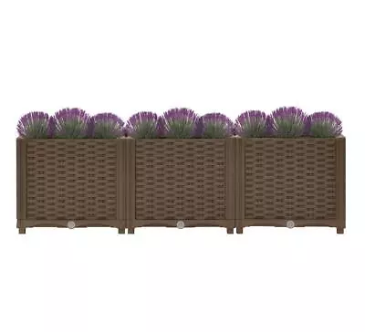 Set Of 3 Brown Deep Raised Flower Bed Rattan Effect Garden Lawn Fence Planter  • £31.95