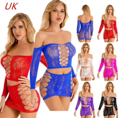 UK Women's Sexy Crop Tops With Miniskirt Lingerie Set Hollow Out Fishnet Outfits • £5.99