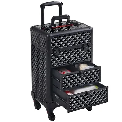 Cosmetic Case Trolley Makeup Train Case Professional Makeup Case On Wheels Black • £69.99