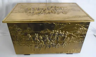 Vintage Embossed Brass And Wood Coal Box Log Kindling Horse Scene Hinged Lid • £39.99