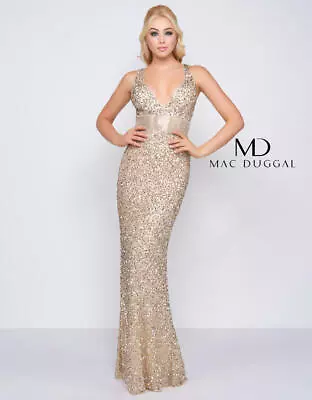 🤍 MAC DUGGAL 4930L Gold Nude Beaded Sequin V-Neck Plunging Empire Waist Gown 2 • £252.62