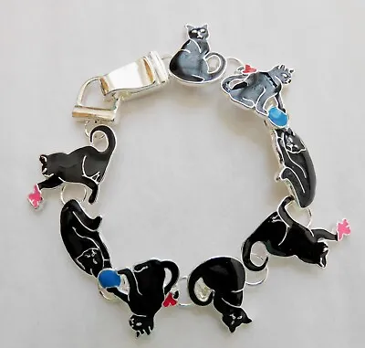 Cat Bracelet Magnetic Clasp 7 Inches Black Cats Playful Silver Base Metal Icon • $14.99