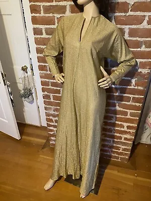 HALSTON IV Vintage 70s GOLD Lame’  Metallic CAFTAN Maxi Dress Gown Lurex Disco • $595