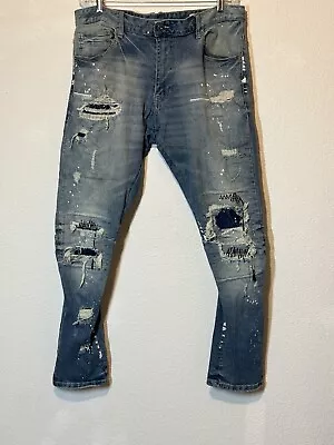 Smoke Rise Painted Destroyed Patched Stretch Denim Jeans Mens Size 38x31 Flaw • $10