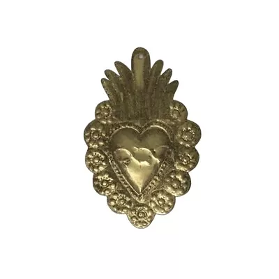 Rustic & Vintage Mexican Tin Folk Art Gold Milagro Heart Tin Ornament Hancut • $14.95