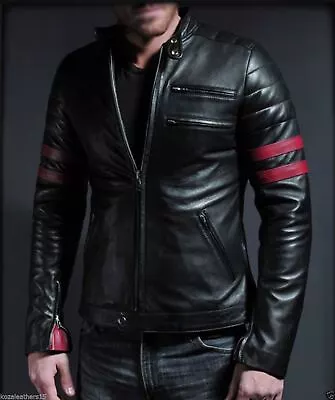 New Leather Jacket Mens Biker Motorcycle Real Leather Coat Slim Fit Black #1216 • $118