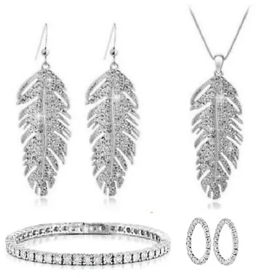 £7.99 • Buy White Gold Feather 6 Pieces Necklace Jewellery Set Made With Swarovski® Crystals