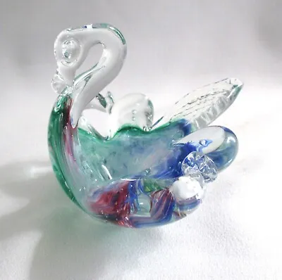 SM VTG MURANO STYLE HandBlown Pink Green & Blue Swirl Studio Art Glass Swan Dish • $24.99