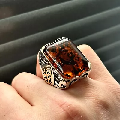 Men Large Natural Amber Stone Ring  Silver Square Sterling Silver Amber Ring • $155