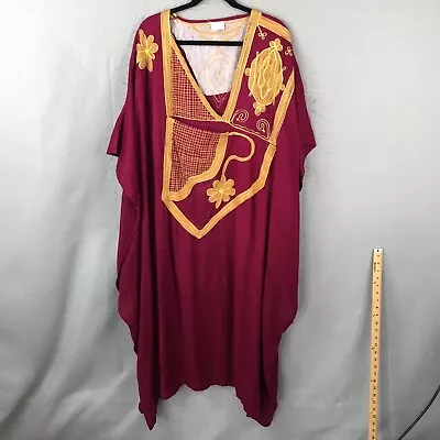 African Muumuu Kaftan Burgundy Gold Trim Embroidery Ethnic One Size • $18.78