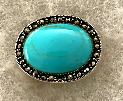 Sterling Marcasite & Turquoise Oval Ring Marked  925 Size 8 - 7.1 Grams • $17.50