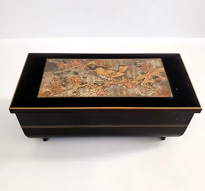 Vintage Music Jewelry Box Black Lacquer Bird Plays Beethoven Fur Elise Japan • $24.50