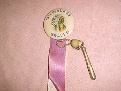 RARE  -  MILWAUKEE BRAVES  -  WAR BONNET  -  STUNNING PIN BUTTON    1 3/4  With • $85