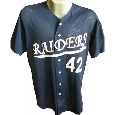 Vintage T-shirt Large 90s WISLON Raiders Baseball Mesh Nylon T-Shirt #42 Blue • $13.75