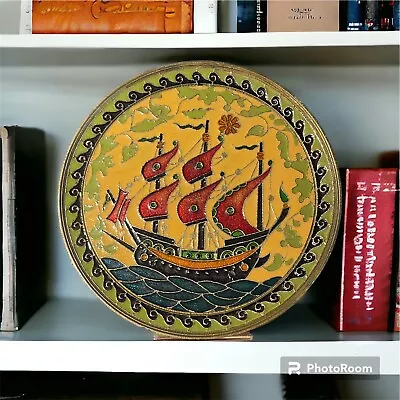 Vintage Iridescent Enamel Cloisonné Bronze Wall Plate Sailing Ship 6.5” Round • $36