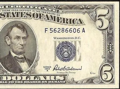 Unc 1953 A $5 Dollar Bill Silver Certificate Blue Seal Note Crisp Paper Money • $49