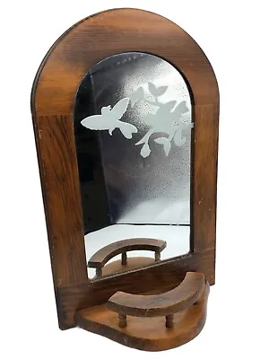 Vintage Etched Mirror Shelf Love Birds Stained Wood 16  H X 10  W • $39.99