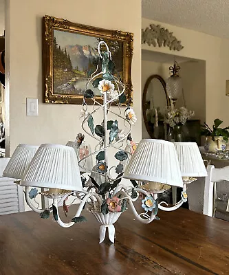 Tole Chandelier & Shades Flower Horchow Italy Vintage Shabby Chic French Country • $399