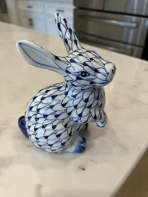 $23 • Buy Andrea By Sadek Fishnet Blue & White Paws Up Bunny Porcelain Rabbit Hand Painted