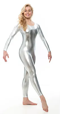 £22 • Buy Silver Shiny Metallic Dance Fancy Dress Long Sleeve Catsuit KDC017 By Katz